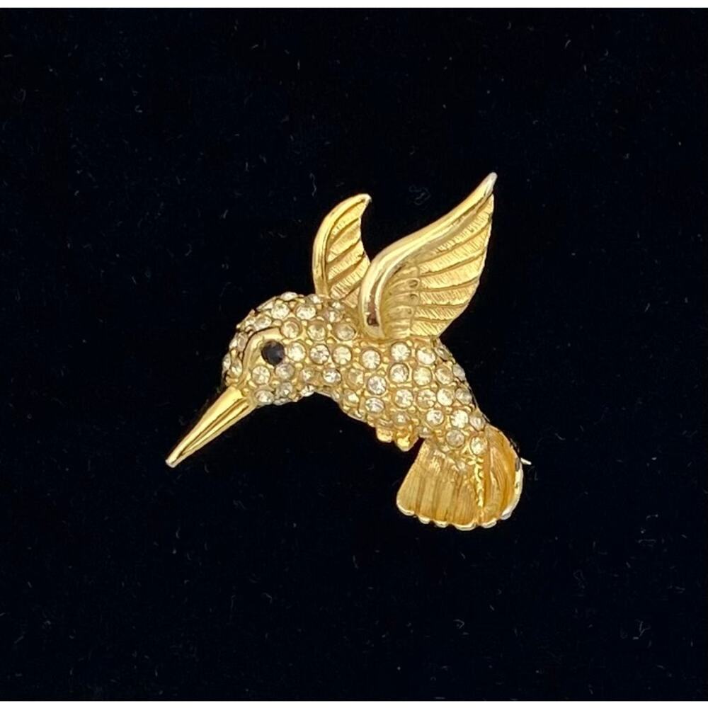 Vintage Hummingbird Brooch Clear Rhinestones Gold Tone 1.4"
